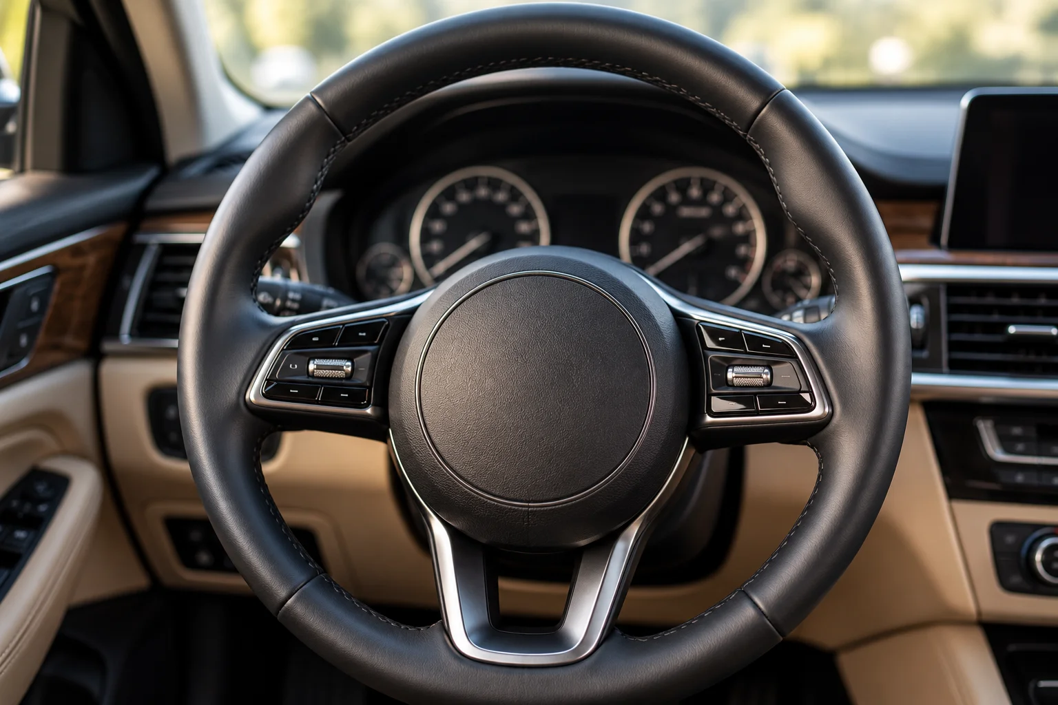 Leather steering wheel after repair (illustrative example)