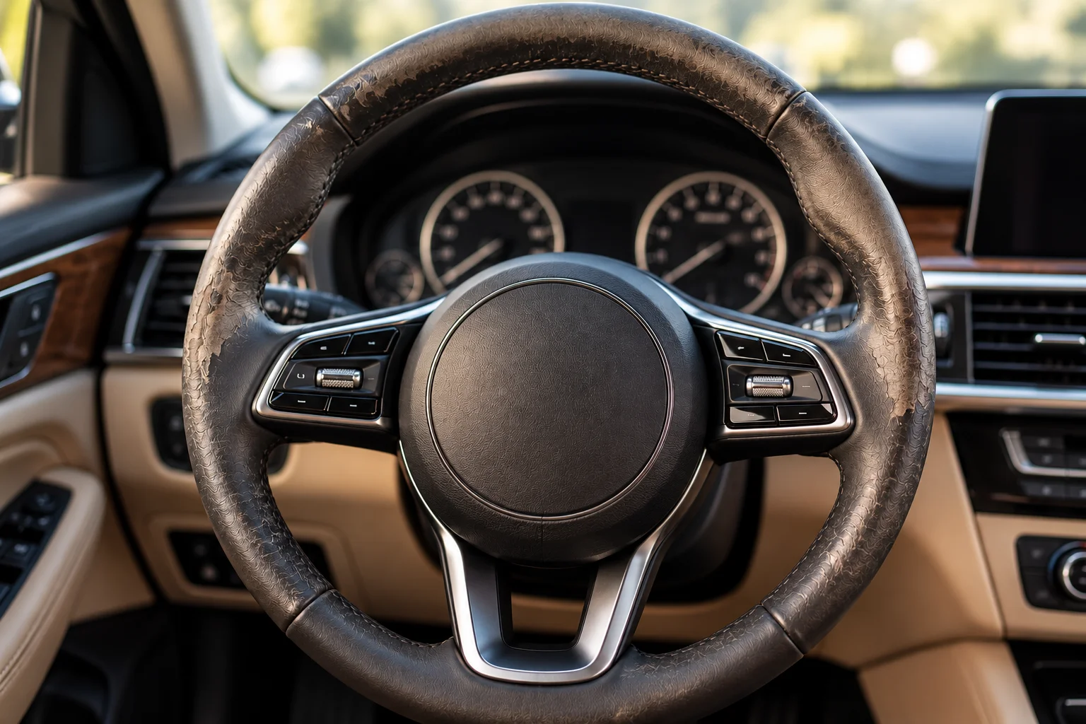 Worn leather steering wheel before repair (illustrative example)