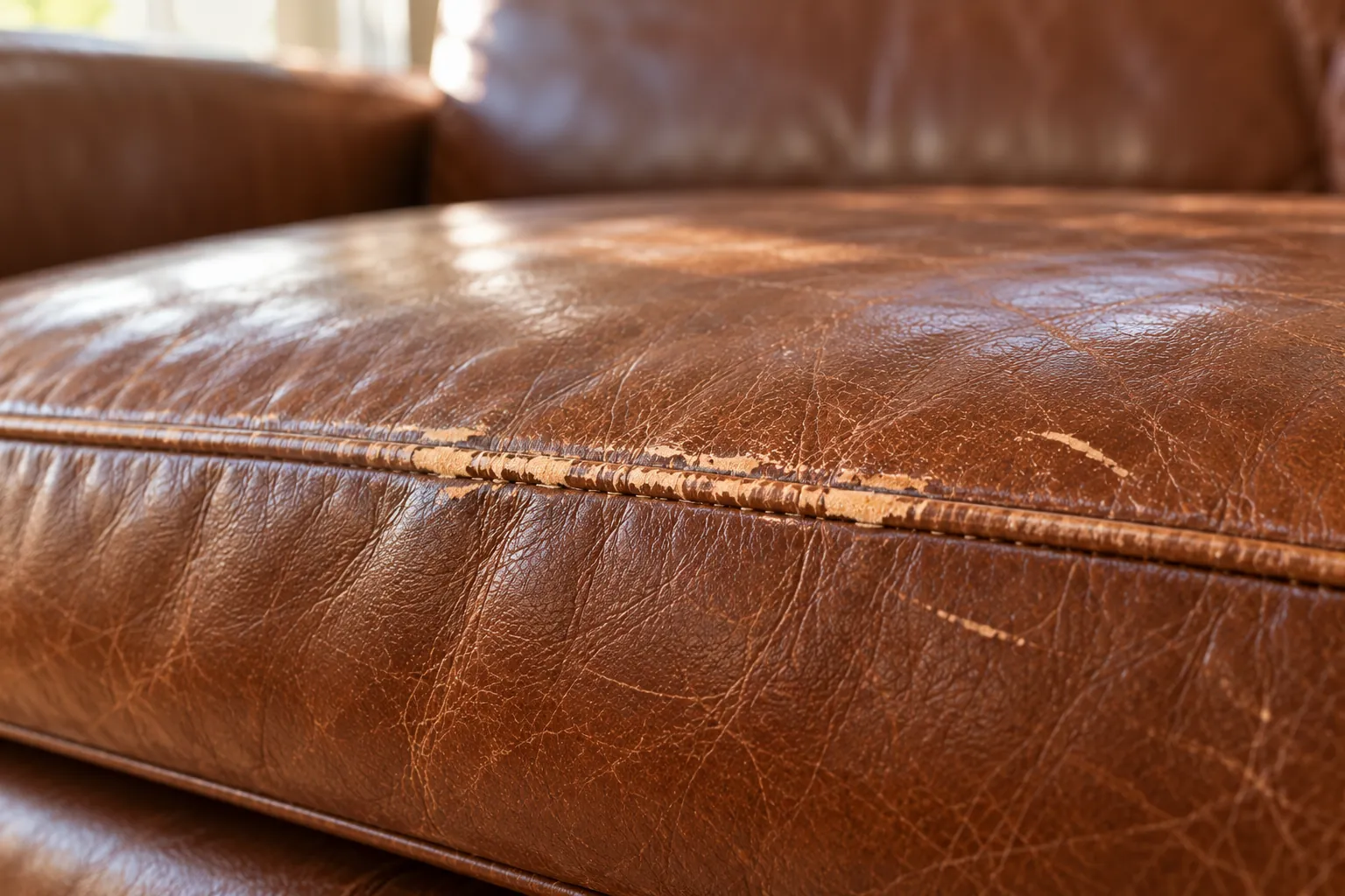 Fine cracks and worn color along the seam of a leather sofa cushion