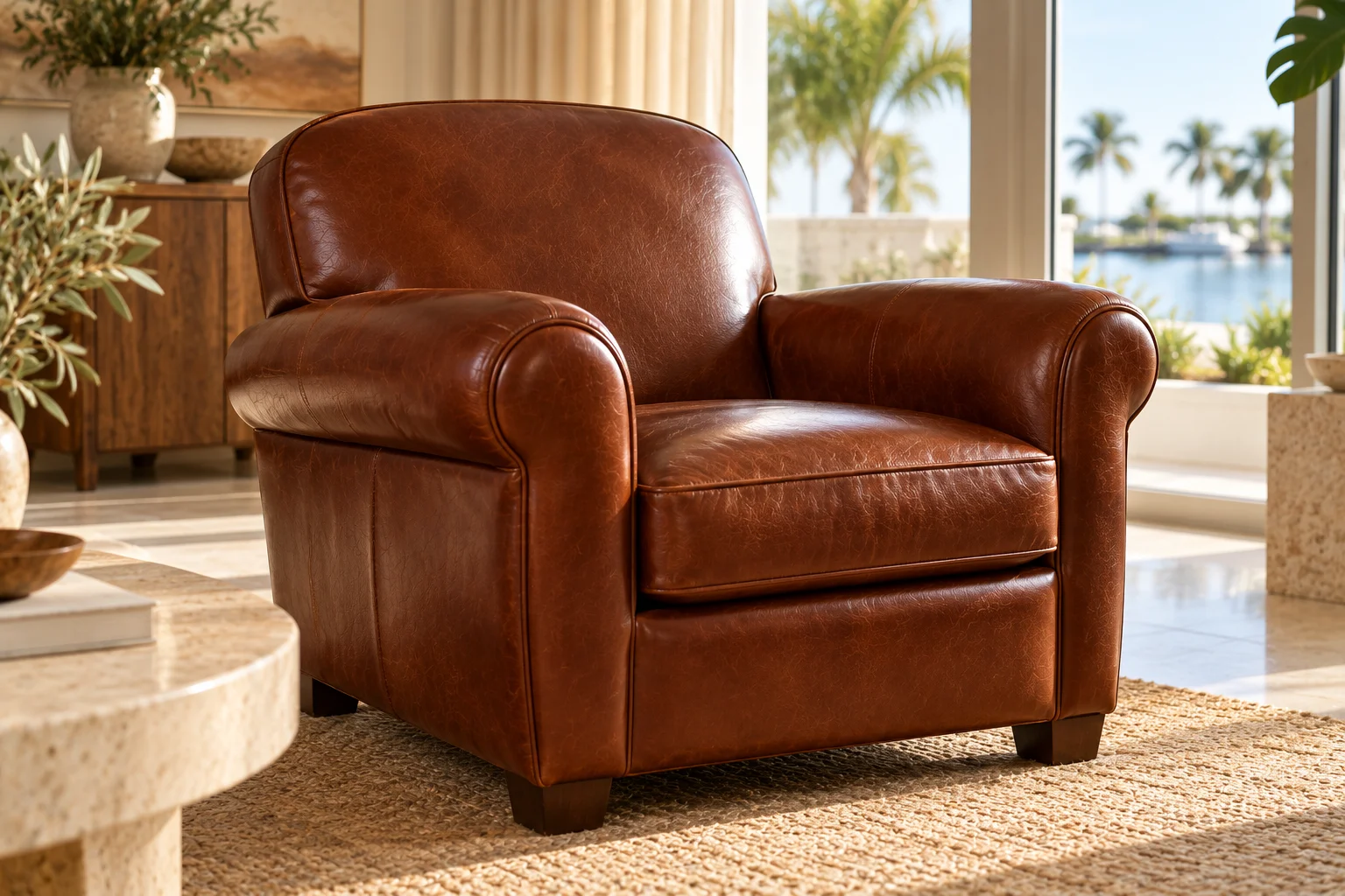 Leather armchair after recoloring (illustrative example)