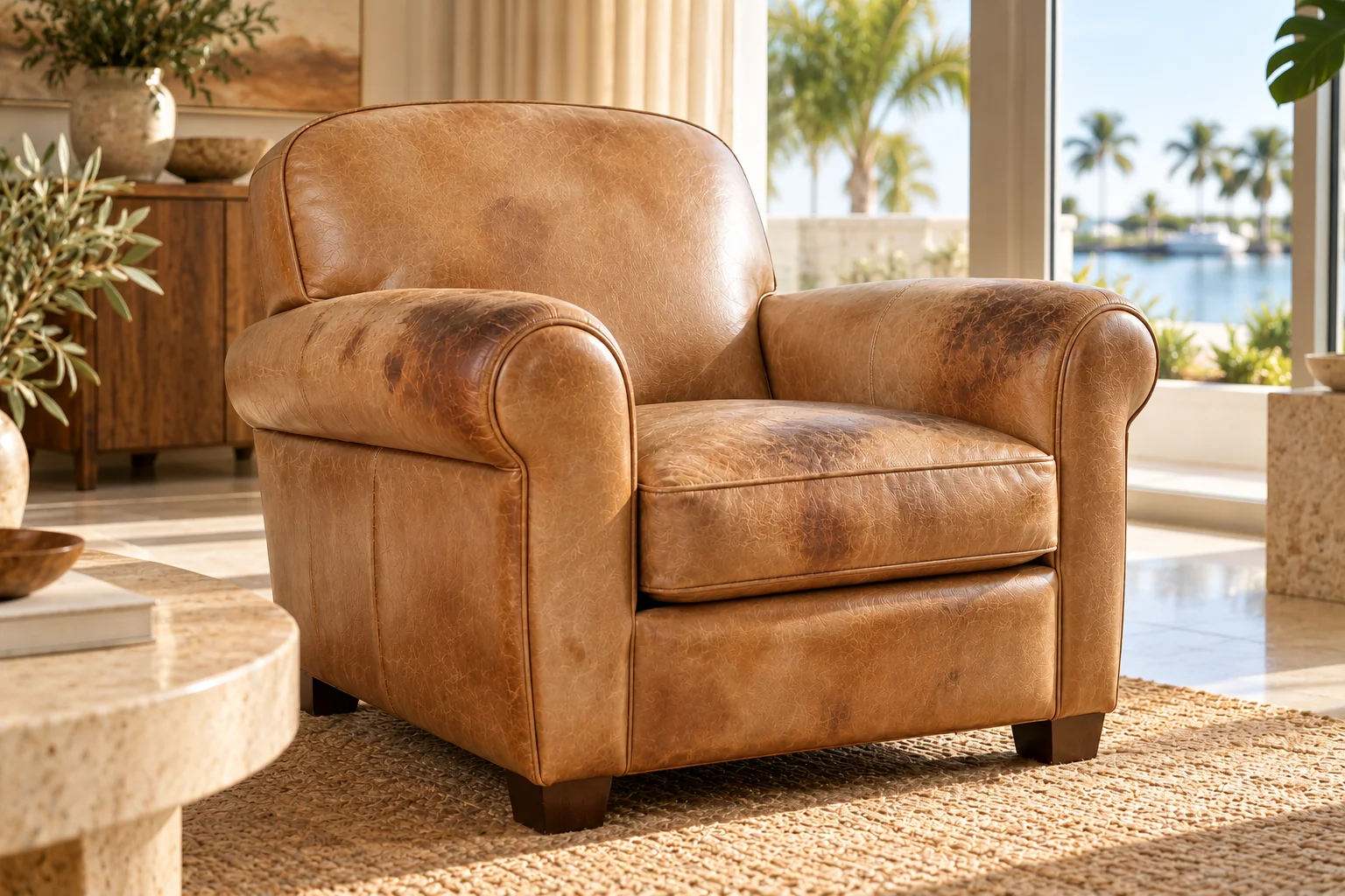 Faded leather armchair before recoloring (illustrative example)