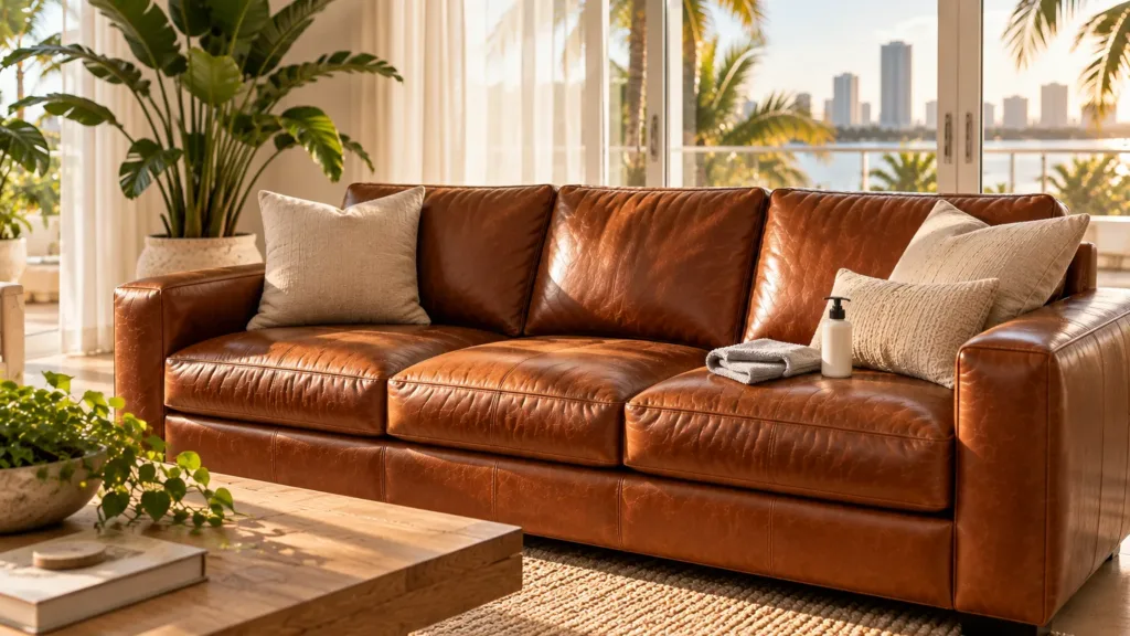 Cognac leather sofa in a sunny Miami living room with leather care products