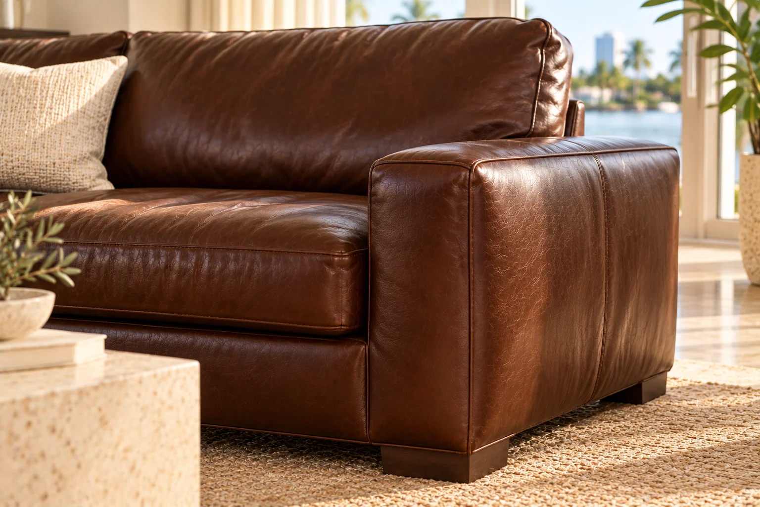 Leather sofa corner after cat scratch repair (illustrative example)