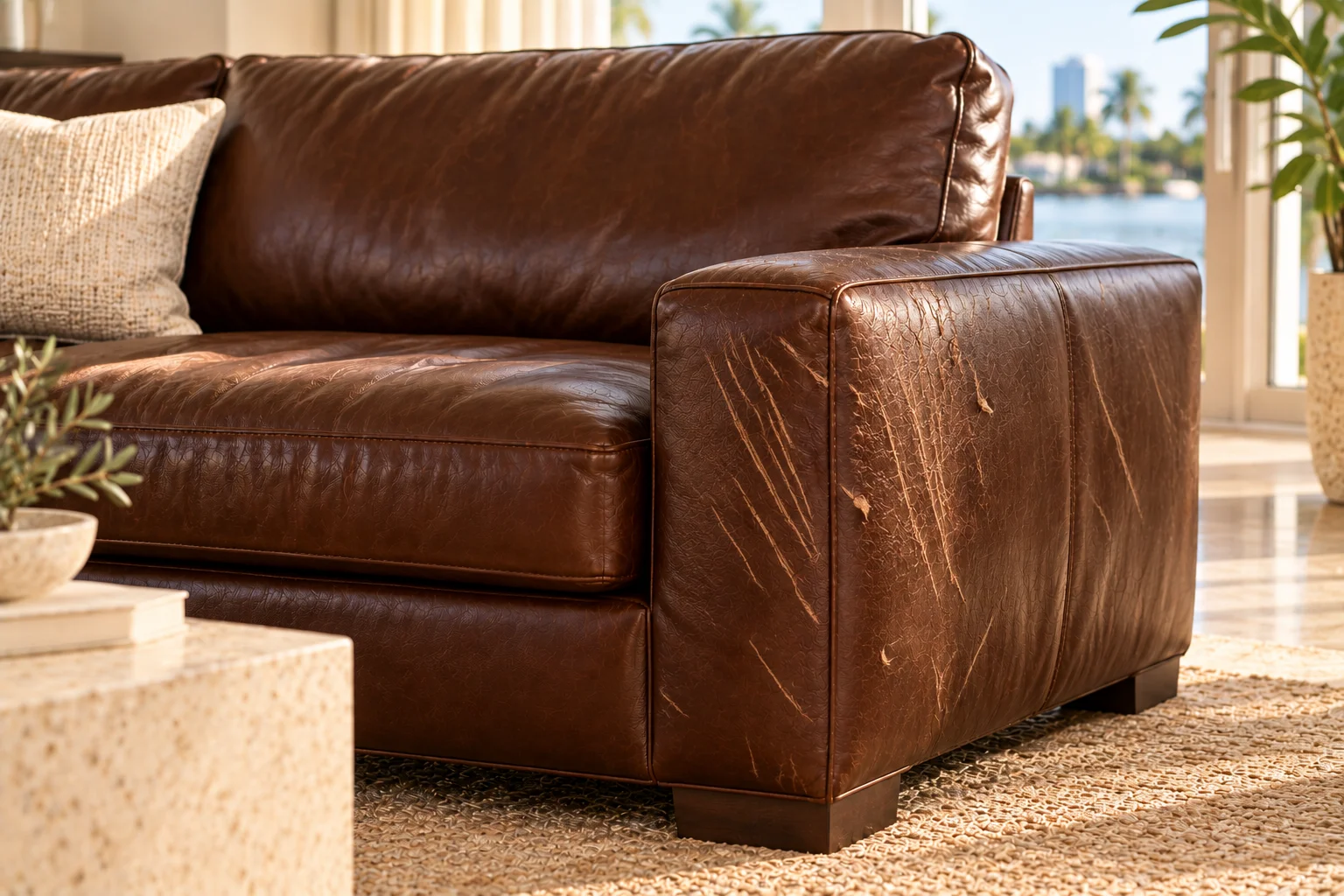 Leather sofa corner with cat scratches before repair (illustrative example)