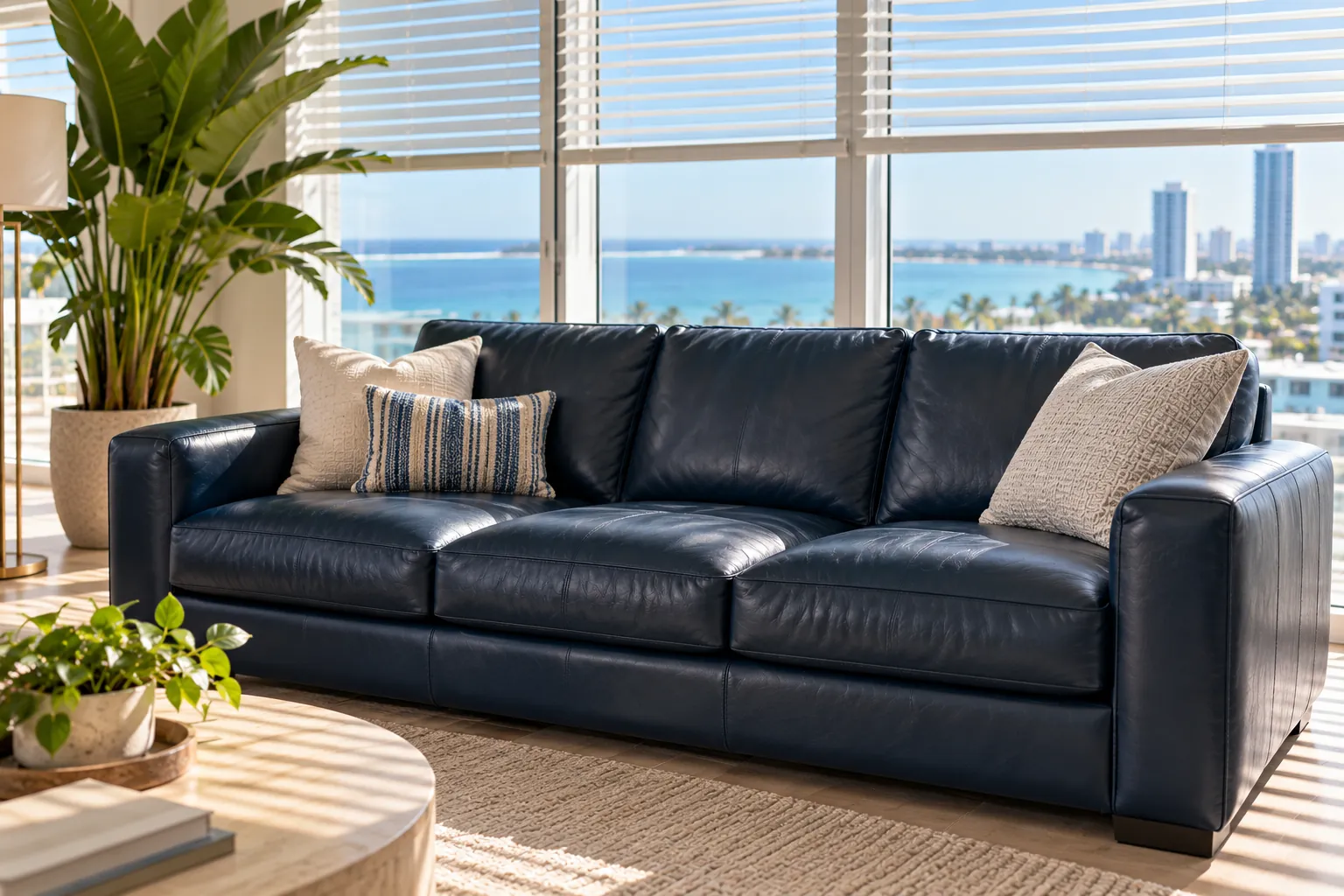 Navy leather sofa kept in the shade by half-closed blinds in a Miami apartment
