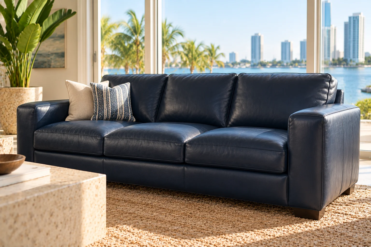 Leather sofa after sun fading repair (illustrative example)