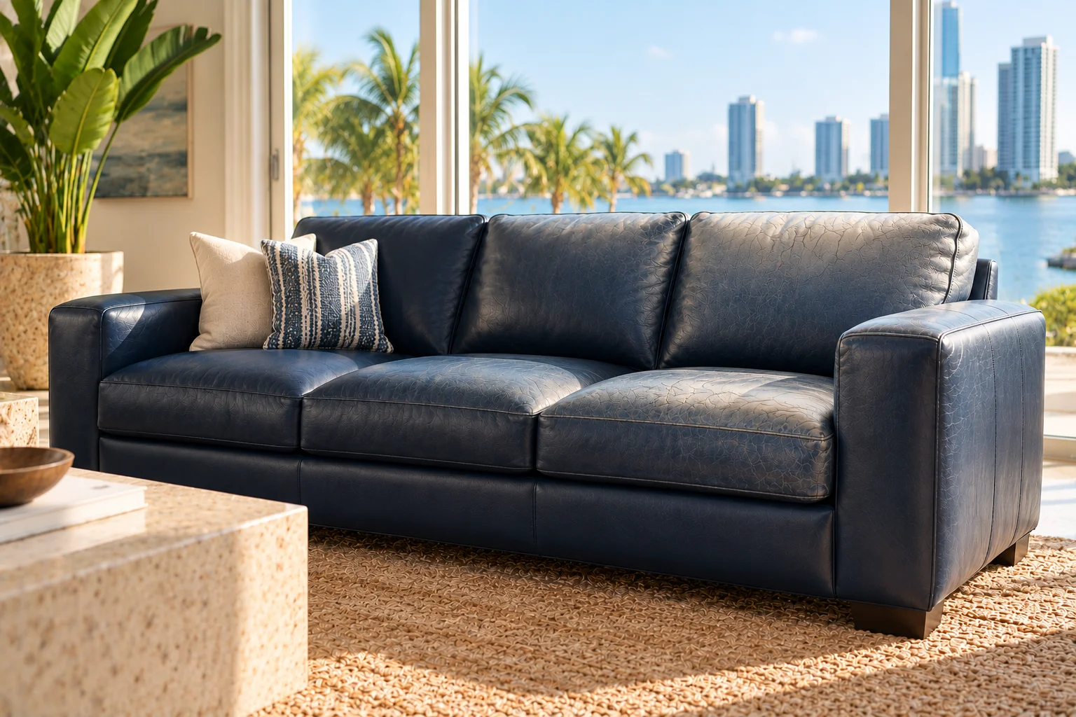 Sun-faded leather sofa before recoloring (illustrative example)