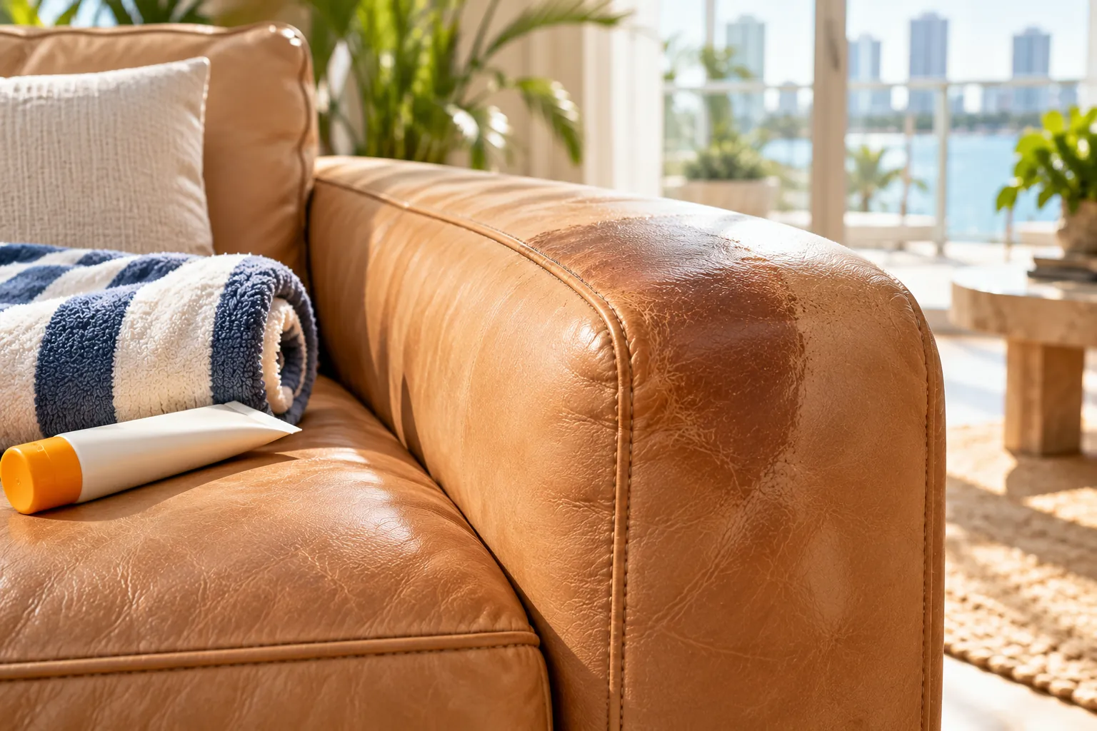 Leather sofa armrest darkened by sunscreen and lotion
